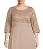 Color:Buff - Image 3 - Plus Size 3/4 Sleeve Crew Neck Overlay Skirt Sequin Lace Empire Waist Gown