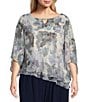 Color:Ivory Multi - Image 1 - Plus Size 3/4 Sleeve Cutout Scoop Neck Asymmetrical Tiered Hem Printed Chiffon Blouse