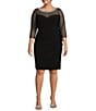 Color:Black - Image 1 - Plus Size 3/4 Sleeve Embellished Sweetheart Illusion Neck Cascade Ruffle Skirt Sheath Dress