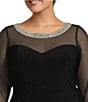 Color:Black - Image 3 - Plus Size 3/4 Sleeve Embellished Sweetheart Illusion Neck Cascade Ruffle Skirt Sheath Dress