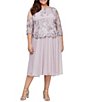 Color:Smokey Orchid - Image 1 - Plus Size Jewel Neck 3/4 Sleeve Floral Embroidered Stretch Mesh Dress