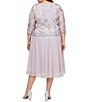 Color:Smokey Orchid - Image 2 - Plus Size Jewel Neck 3/4 Sleeve Floral Embroidered Stretch Mesh Dress