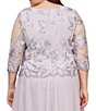 Color:Smokey Orchid - Image 4 - Plus Size Jewel Neck 3/4 Sleeve Floral Embroidered Stretch Mesh Dress