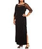 Color:Black - Image 1 - Plus Size 3/4 Sleeve Illusion Sweetheart Neck Side Slit Ruched Gown