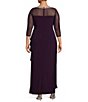 Color:Eggplant - Image 2 - Plus Size 3/4 Sleeve Illusion Sweetheart Neck Side Slit Ruched Gown