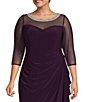 Color:Eggplant - Image 3 - Plus Size 3/4 Sleeve Illusion Sweetheart Neck Side Slit Ruched Gown