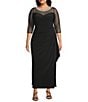 Alex Evenings Plus Size 3/4 Sleeve Illusion Sweetheart Neck Side Slit Ruched Gown, Color:Black - Image 1