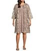 Color:Taupe - Image 1 - Plus Size 3/4 Sleeve Scoop Neck Embroidered Scallop Jacket Dress