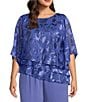 Alex Evenings Plus Size Asymmetrical Tiered Hem Round Neck 3/4 Illusion Sleeve Burnout Floral Chiffon Blouse, Color:Cornflower - Image 1