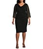 Alex Evenings Plus Size Cowl Neck 3/4 Beaded Illusion Sleeve Metallic Knit Sheath Dress, Color:Black - Image 1