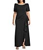 Alex Evenings Plus Size Crepe Embellished Boat Neck Short Sleeve Ruffle Cascade A-Line Gown, Color:Black - Image 1