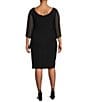 Color:Black - Image 2 - Plus Size Round Neck 3/4 Sleeve Embellished Illusion Ruffle Sheath Dress