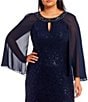 Color:Navy - Image 3 - Plus Size Embellished Keyhole Neck Long Chiffon Capelet Sleeve Sequin Lace Mermaid Gown