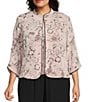 Color:Shell Pink - Image 1 - Plus Size Floral Print Mandarin Collar 3/4 Sleeve Glitter Knit Twinset