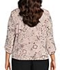 Color:Shell Pink - Image 2 - Plus Size Floral Print Mandarin Collar 3/4 Sleeve Glitter Knit Twinset