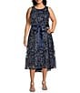 Color:Navy - Image 1 - Plus Size Floral Printed Stretch Tulle Sleeveless Scoop Neck High-Low Tie Waist Fit and Flare Dress