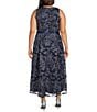 Color:Navy - Image 2 - Plus Size Floral Printed Stretch Tulle Sleeveless Scoop Neck High-Low Tie Waist Fit and Flare Dress