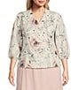 Alex Evenings Plus Size Jacquard Collared V Neck 3/4 Bubble Hem Sleeve Floral Blouse, Color:Ivory/Pink - Image 1