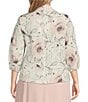 Alex Evenings Plus Size Jacquard Collared V Neck 3/4 Bubble Hem Sleeve Floral Blouse, Color:Ivory/Pink - Image 2