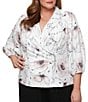 Alex Evenings Plus Size Jacquard Collared V Neck 3/4 Bubble Hem Sleeve Floral Blouse, Color:Ivory/Pink - Image 5