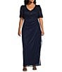 Alex Evenings Plus Size Lace Soutache Bodice V-Neck Short Sleeve Cascade Ruffle Empire Waist Dress, Color:Navy - Image 1