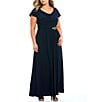 Color:Navy - Image 1 - Plus Size Matte Jersey Cowl Neck Cap Sleeve Pleated Embellished Side Detail Long Gown