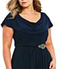 Color:Navy - Image 3 - Plus Size Matte Jersey Cowl Neck Cap Sleeve Pleated Embellished Side Detail Long Gown