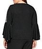 Color:Black - Image 2 - Plus Size Metallic Knit Pearl Trim Illusion Bell Sleeve Blouse