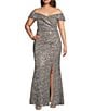 Alex Evenings Plus Size Off the Shoulder Short Sleeve Sequin Lace Gown, Color:Pewter - Image 1
