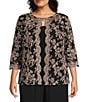 Alex Evenings Plus Size Scoop Neck 3/4 Sleeve Embroidered Stretch Tulle Mock Twinset, Color:Black/Pink - Image 1