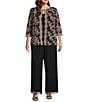 Alex Evenings Plus Size Scoop Neck 3/4 Sleeve Embroidered Stretch Tulle Mock Twinset, Color:Black/Pink - Image 3