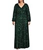 Alex Evenings Plus Size Sequin V-Neck Bubble Hem Long Sleeve A-Line Gown, Color:Emerald Green - Image 1