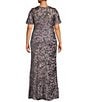 Color:Icy Orchid - Image 2 - Plus Size Short Sleeve V-Neck Sequin Gown