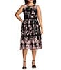 Color:Black/Rose - Image 1 - Plus Size Sleeveless Crew Neck Tie Waist Floral Embroidered Tulle Midi Dress