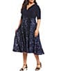 Color:Navy - Image 1 - Plus Size Surplice V-Neck Short Sleeve Rosette Skirt Party Dress