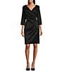 Color:Black - Image 1 - Portrait Collar 3/4 Sleeve Ruched Waist Stretch Taffeta Sheath Cocktail Dress