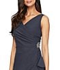 Color:Charcoal - Image 3 - Surplice V-Neck Sleeveless Ruched Brooch Sheath Dress