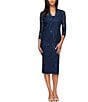Color:Navy - Image 1 - Square Neck 3/4 Sleeve Scalloped Lace 2-Piece Jacket Dress