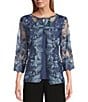 Color:Wedgewood - Image 1 - Crew Neck 3/4 Sleeve Floral Embroidered Twinset