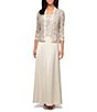 Color:Taupe - Image 1 - Sequin Embellished Floral Lace Square Neck A-Line 3/4 Sleeve Satin 2-Piece Jacket Gown