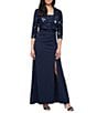 Alex Evenings Sequin Collared 3/4 Sleeve Jacket Scuba Crepe Front Slit Gown, Color:Navy - Image 1