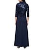 Alex Evenings Sequin Collared 3/4 Sleeve Jacket Scuba Crepe Front Slit Gown, Color:Navy - Image 2