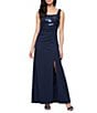 Alex Evenings Sequin Collared 3/4 Sleeve Jacket Scuba Crepe Front Slit Gown, Color:Navy - Image 3