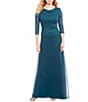 Alex Evenings 3/4 Sleeve Sequined Lace Crew Neck Scalloped Bodice Chiffon Skirted Gown, Color:Peacock - Image 1