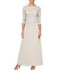 Color:Taupe - Image 1 - 3/4 Sleeve Sequined Lace Crew Neck Scalloped Bodice Chiffon Skirted Gown