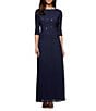 Color:Navy - Image 1 - 3/4 Sleeve Sequined Lace Crew Neck Scalloped Bodice Chiffon Skirted Gown