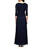 Alex Evenings 3/4 Sleeve Sequined Lace Crew Neck Scalloped Bodice Chiffon Skirted Gown, Color:Navy - Image 2
