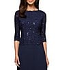 Alex Evenings 3/4 Sleeve Sequined Lace Crew Neck Scalloped Bodice Chiffon Skirted Gown, Color:Navy - Image 3