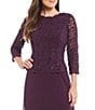 Color:Deep Plum - Image 3 - 3/4 Sleeve Sequined Lace Crew Neck Scalloped Bodice Chiffon Skirted Gown