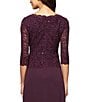 Color:Deep Plum - Image 4 - 3/4 Sleeve Sequined Lace Crew Neck Scalloped Bodice Chiffon Skirted Gown